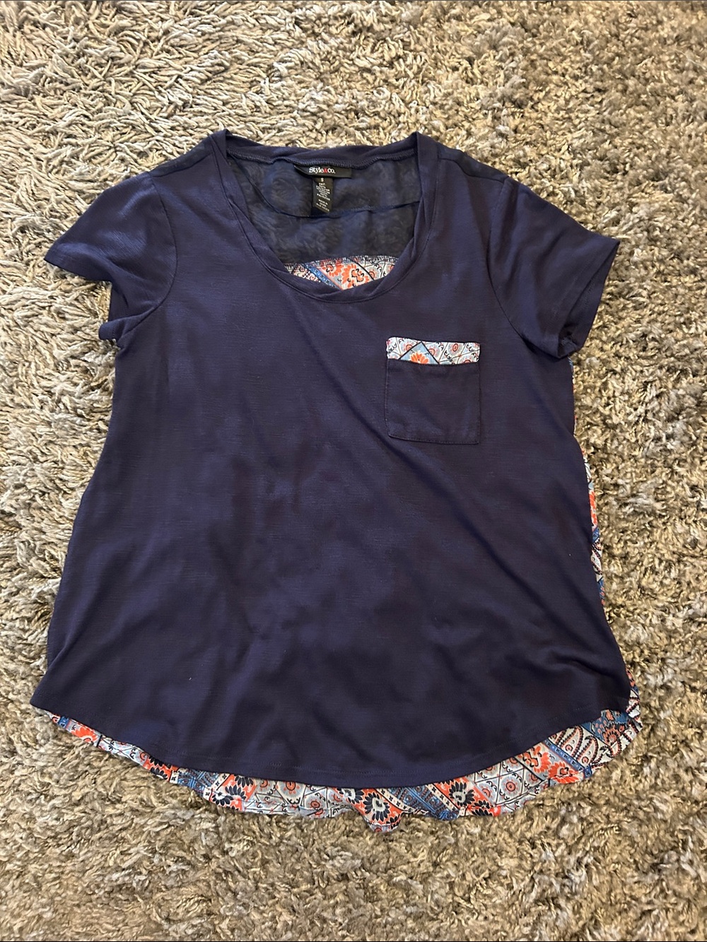 Style & Co. Navy Short-Sleeve Tee with Paisley Trim size small